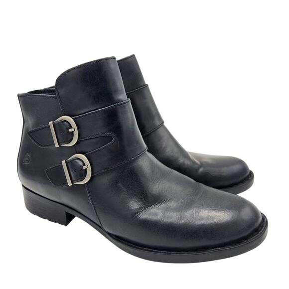 Born Shoes - BORN Moto Ankle Boots Women's Size 9.5 Black Leather Side Zip Buckle Straps